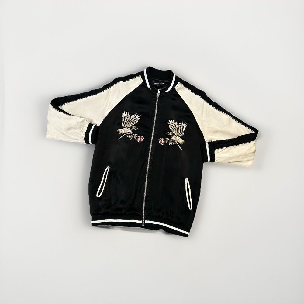 Kendall & Kylie PacSun Satin Bomber Jacket Eagle Rose Sukajan Black Cream EUC
